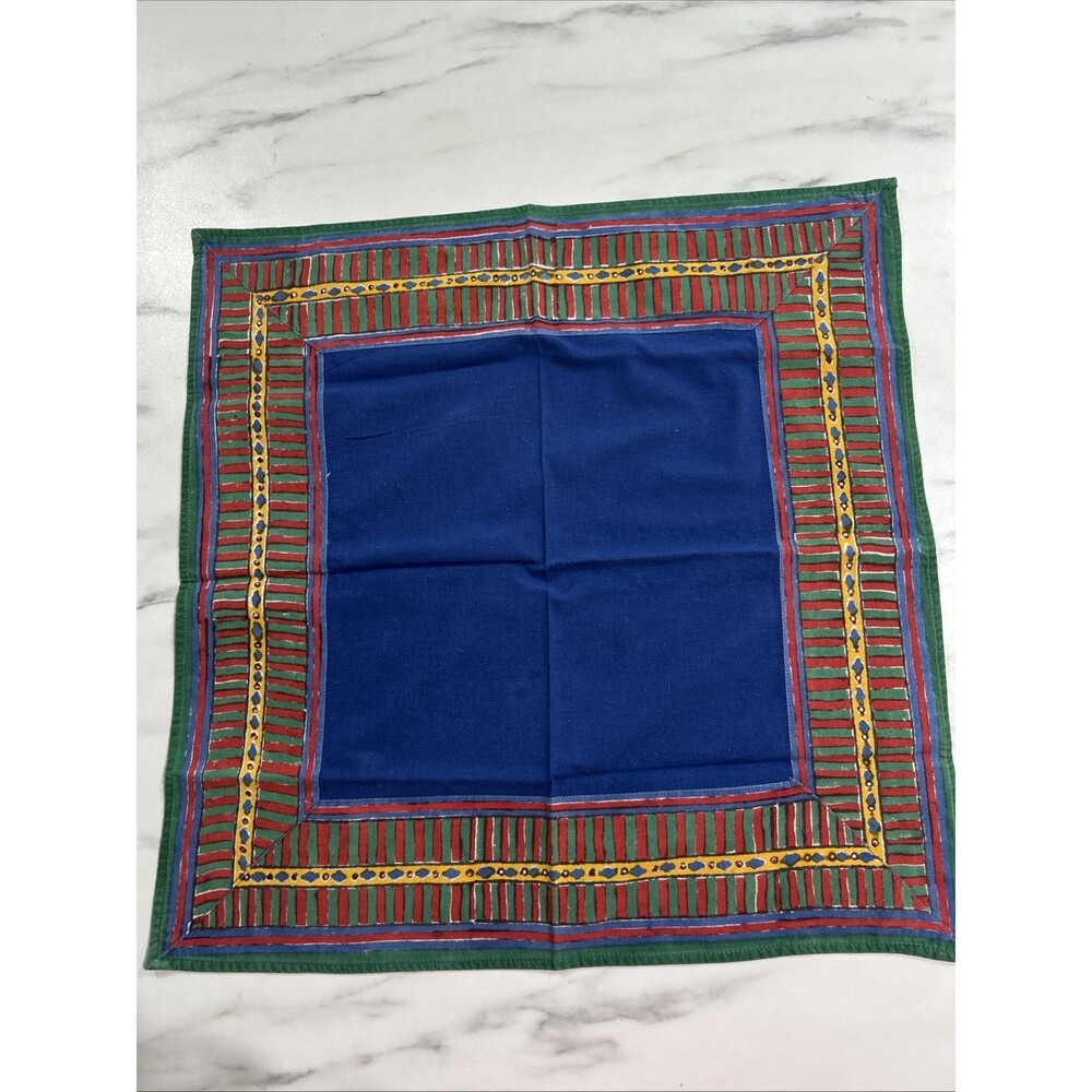 Vintage Pottery Barn Napkin Dish Towel Blue Boho Square Cotton India Batik Print